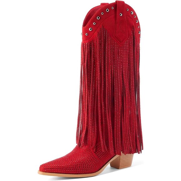 Red Rhinestone Cowgirl Boots Women Sparkly Western Mid Calf Chunky Heel Shoes - Picture 7 of 7